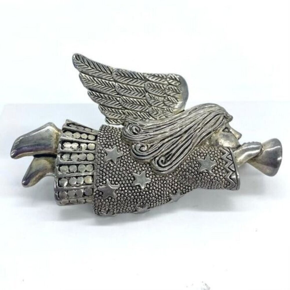 Vintage Silver Flying Angel Playing Trumpet Stars Brooch Pin